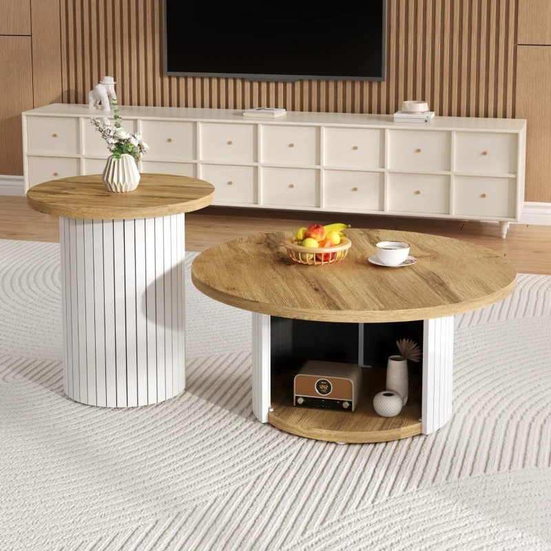 Set da 2 tavolini da salotto rotondi con vano portaoggetti integrato, 75x75x50/45x45x35 cm, color legno
