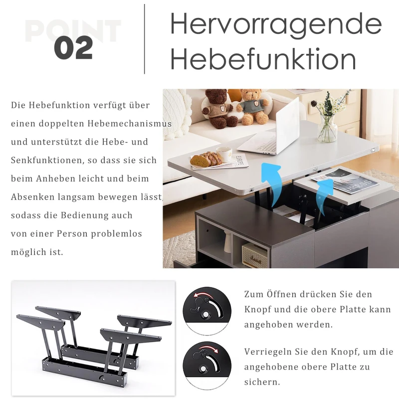 Lift-Top Coffee Table with 2 Push-to-Open Drawers and 3 Open CompartmentsStorage, Desk for Dining/Work/Relax, 100L x 51W x 47H cm, Grey