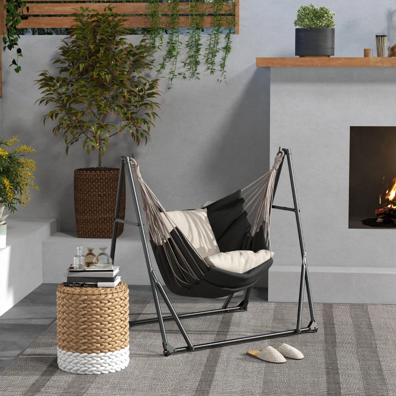 Outsunny Soporte para Hamaca Plegable 2 en 1 Soporte para Silla Colgante con Estructura de Metal y Bolsa de Transporte Negro