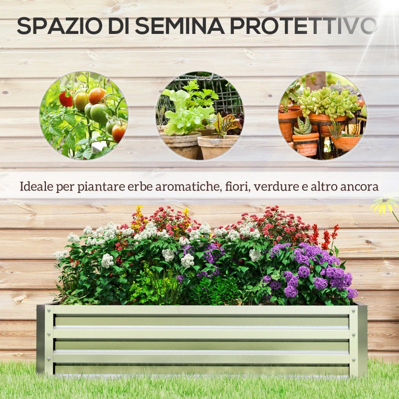 Outsunny Letto per Orto Rialzato da Esterno 182L, Fioriera da Balcone in Acciaio Galvanizzato con Fondo Aperto, per Piante, Fiori e Verdure, 120x60x30.5cm, Argento