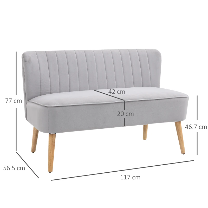 HOMCOM Modern Velvet Double Seat Sofa w/ Wood Frame Foam Padding Soft Comfortable Compact Couch Light Grey