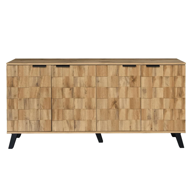 Bufet modern cu 4 uși, model geometric al texturii lemnului, spațiu generos de depozitare, 160,5x35,5x78 cm, Culoare naturală