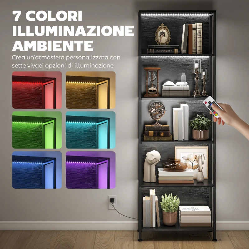HOMCOM Libreria Scaffale in Stile Industriale a 5 Ripiani con Illuminazione LED, in Metallo e Legno, 60x30x179 cm, Nero