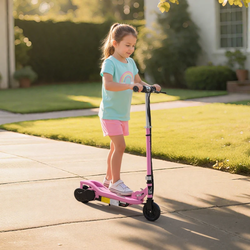 HOMCOM Patinete Eléctrico Plegable para Niños de 7-14 Años, Patinete Eléctrico con Velocidad Max. 12 km/h, Alcance de 8 km, Altura Ajustable, Freno de Mano, Rosa