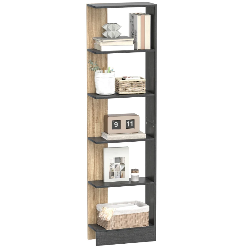 HOMCOM Raft-bibliotecă de depozitare cu 5 compartimente deschise 45 x 21 x 170 cm Negru și Stejar