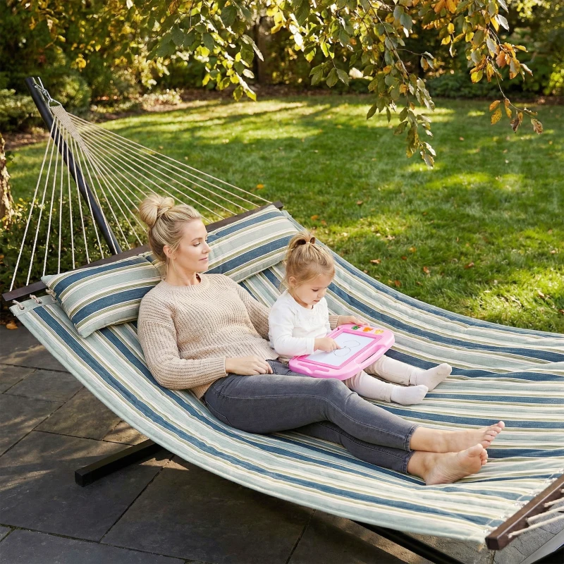 Outsunny 353 cm Freestanding Hammock, Hammock with Steel Stand with Removable Cushion and Spreader Bars, Green