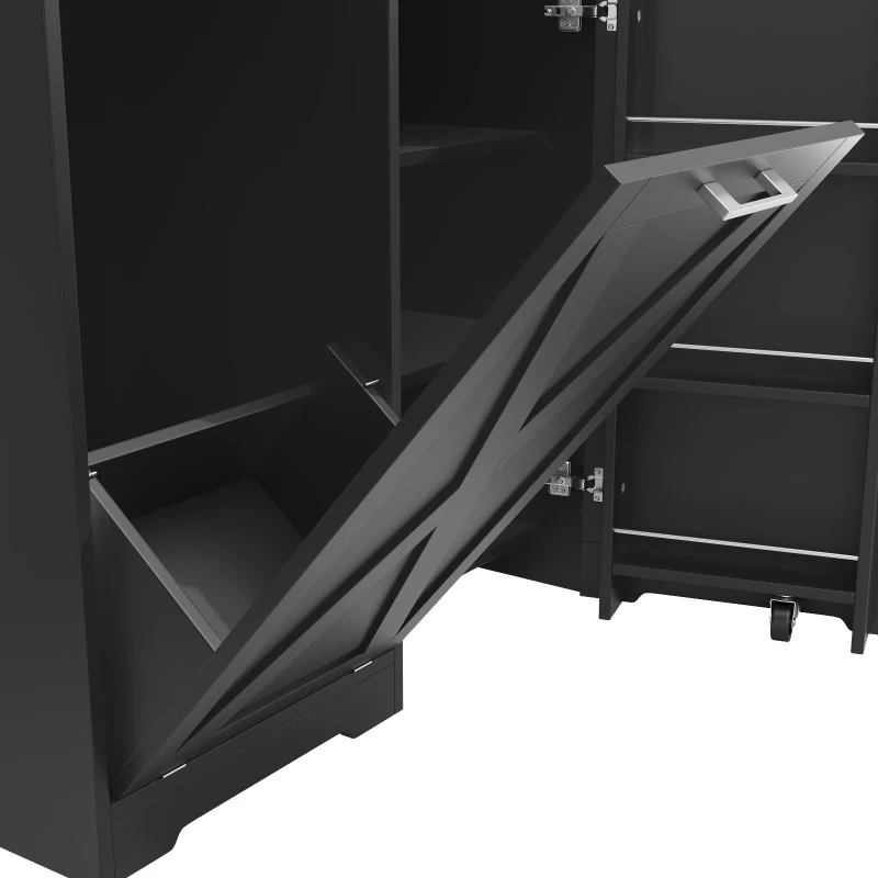 360° Rotating Kitchen Island with Folding 3D Textured Doors and Side Shelves, Swivel Sideboard for Kitchen, 138L x 38W x 105.5H cm, Black