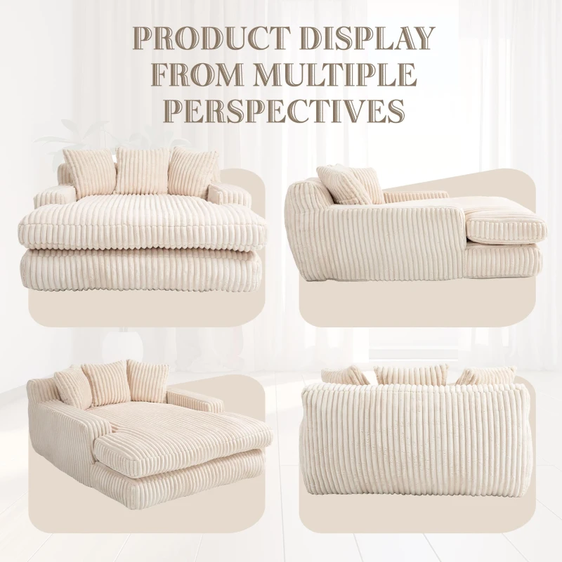 Oversized Chaise Longue Sofa with 3 Throw Cushions and Wide Armrests, Chair with Shredded Memory Foam Seat, 155L x 125W x 63H cm, Beige