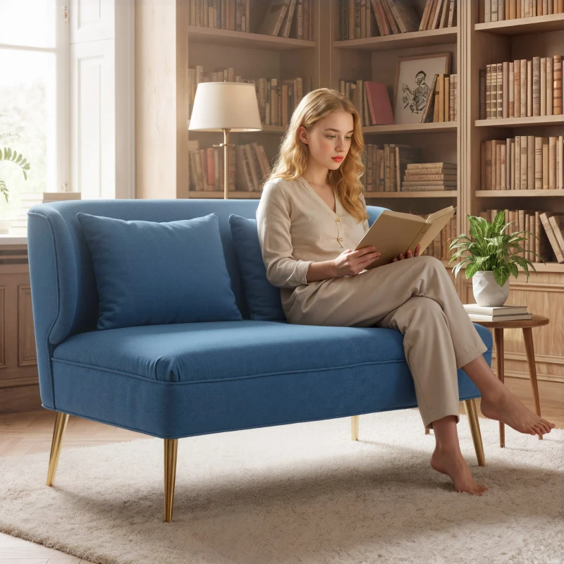 HOMCOM 2 Seater Sofa, Linen-look Fabric Small Sofa with Wing Back, Thick Seat, Metal Legs, Dark Blue