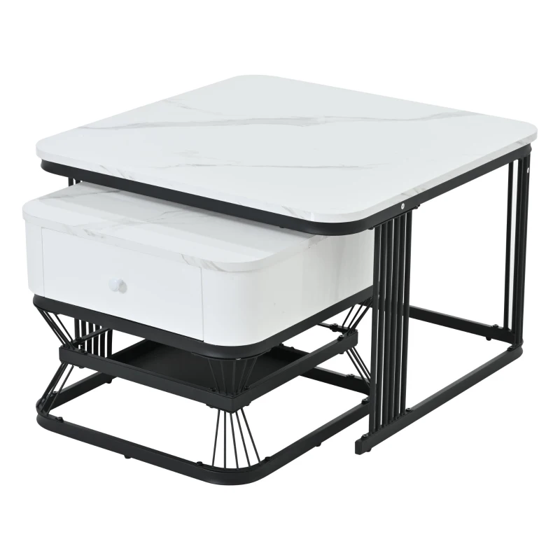 Set 2 tavolini da caffè con cassetto integrato, 70x70x45 cm/50x50x40 cm, Bianco e Nero