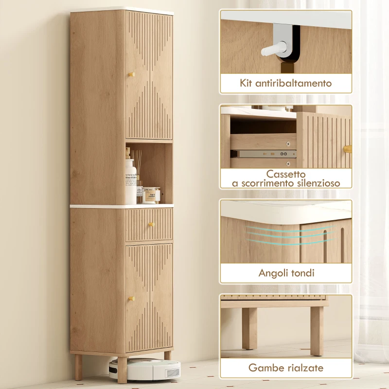 HOMCOM Colonna Bagno con Cassetto, 2 Armadietti e Ripiani Regolabili, Ripiano Effetto Marmo, 41.5x30x168 cm, Rovere