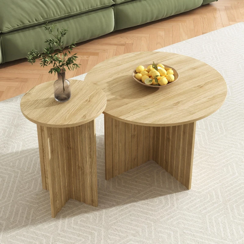 Set 2 tavolini da salotto annidiati con piani rotondi e struttura laterale verticale, 76x76x50 cm/40x40x56,5 cm, color legno