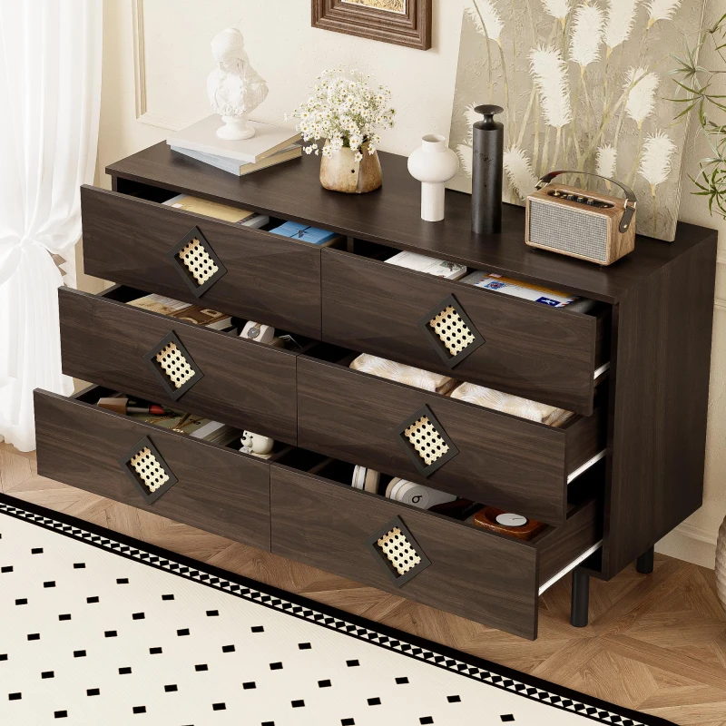 Tavolo trucco con 6 cassetti e maniglie in rattan per camera da letto e soggiorno, 120x40x74,5 cm, color legno