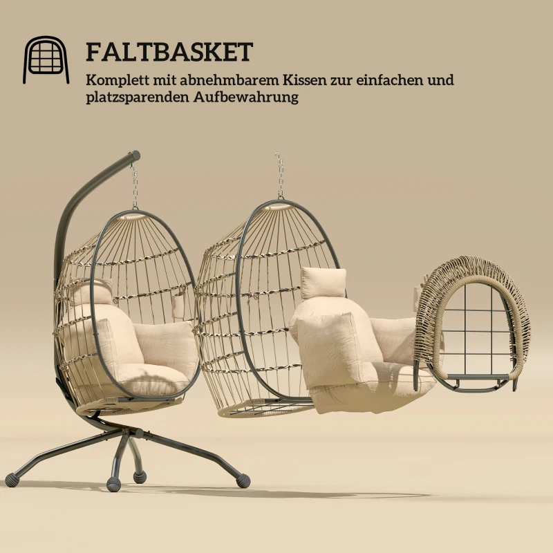 Outsunny Hängender Outdoor-Schaukelstuhl mit faltbarem Korbsitz und dicken Kissen, Ständer, Kopfstütze, Becherhalter, Khaki