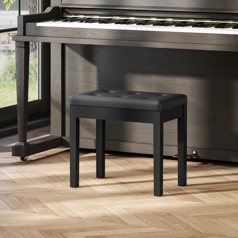 HOMCOM Pianokruk met Opbergruimte, Kunstleder Bekleed, Gestikte Knopen, Rubberhouten Poten, Zwart