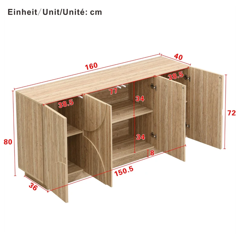 Bufet cu mult spațiu de depozitare, design scandinav-minimalist, 160x40x80 cm, Culoare naturală
