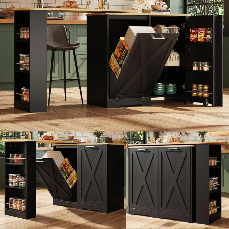 360° Rotating Kitchen Island with Folding 3D Textured Doors and Side Shelves, Swivel Sideboard for Kitchen, 138L x 38W x 105.5H cm, Black