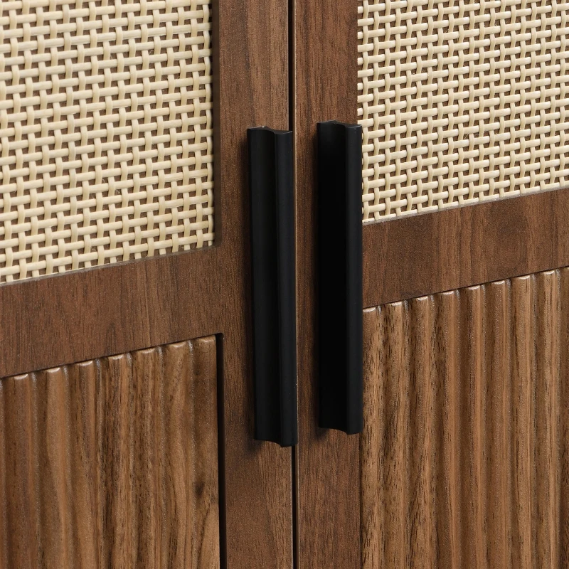 Bufet modern cu ratan, cu 4 uși și mult spațiu de depozitare, design retro-natural, 140x40x80 cm, Culoare naturală