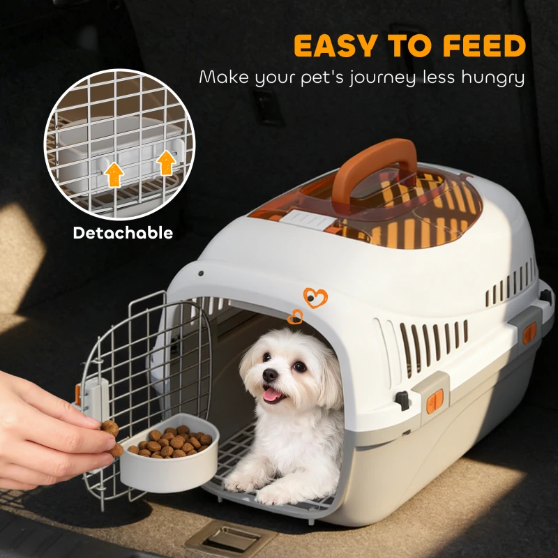 PawHut Plastic Pet Carrier Hard Shell Dog Cat Carrier Max 4 KG Steel Door Feed Bowl Secure Lock 49 x 32 x 31 cm