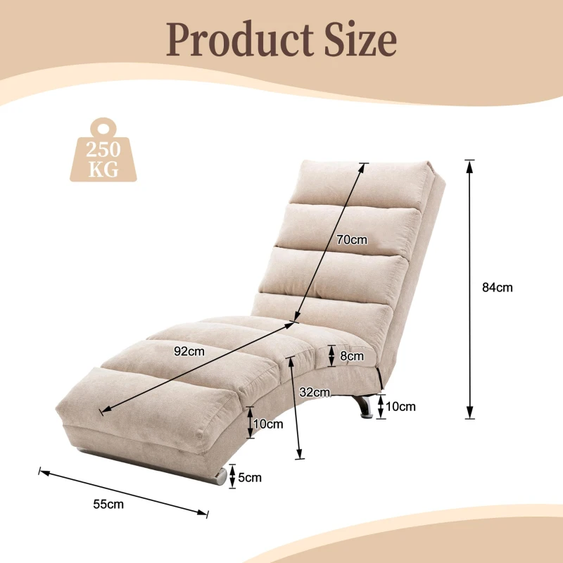 Modern Chaise Longue with Side Storage Pocket and Fixed 140° Backrest, Linen Deck Chair for Living Room, 148L x 55W x 87H cm, Beige