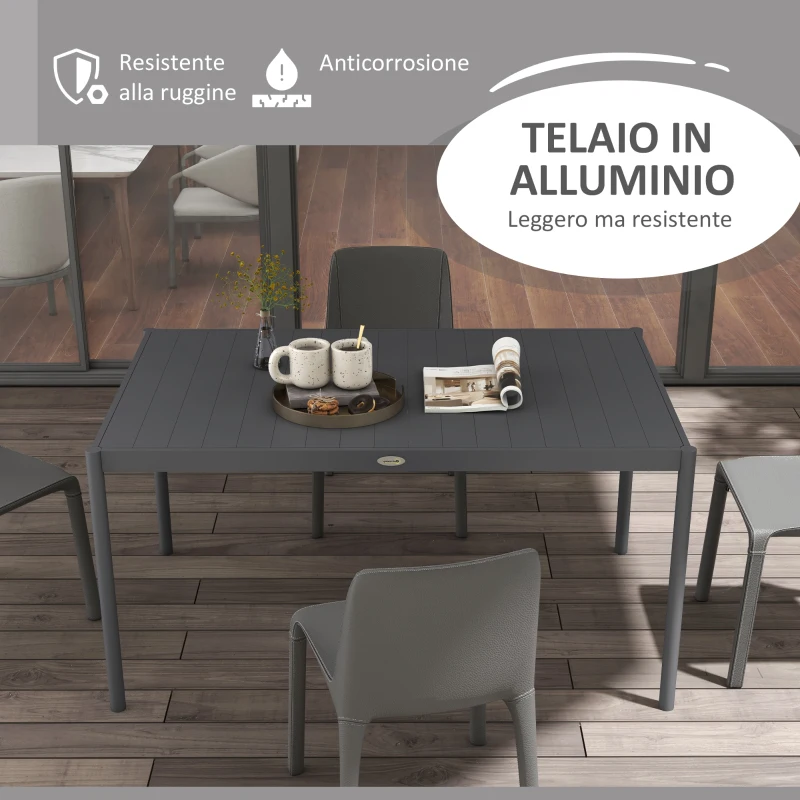 Outsunny Tavolo da Giardino a Doghe per 6 Persone in Acciaio e Alluminio, 145x90x74 cm, Grigio Scuro