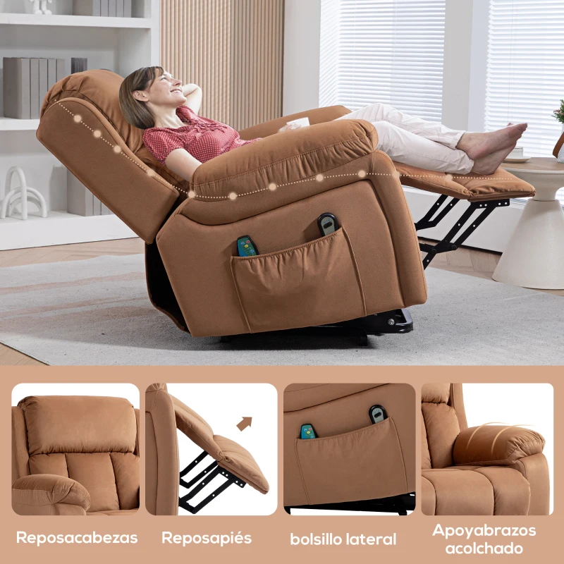 HOMCOM Sillón Relax Reclinable Eléctrico Levanta Personas con Masaje Vibratorio y Calor Control Remoto Reposapiés Marrón