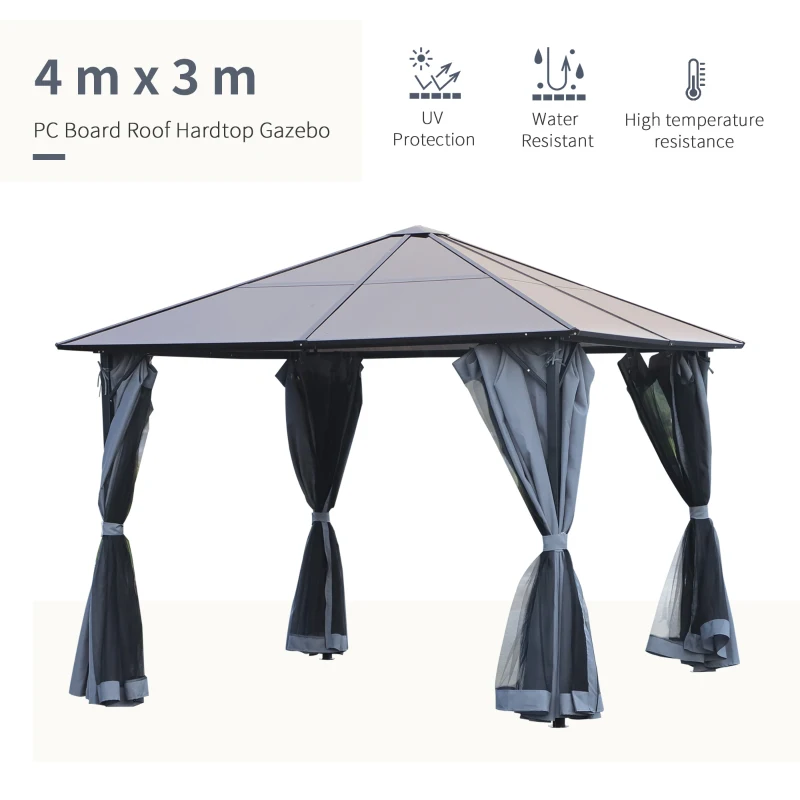 Outsunny 3m x 3m Hardtop Metal Frame Gazebo with 4 curtains, 100 kg Snow Load Capacity, Black