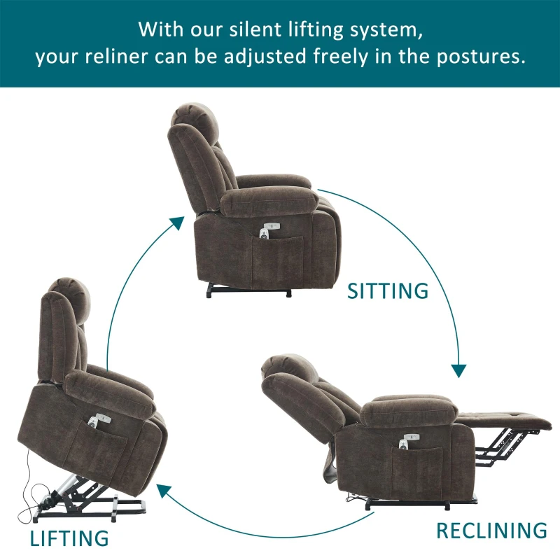 Electric Power Lift Recliner Armchair with Vibration Massage and Lumbar Heating, Sofa with Cup Holders & Side Pocket, 95L x 94W x 107H cm, Brown