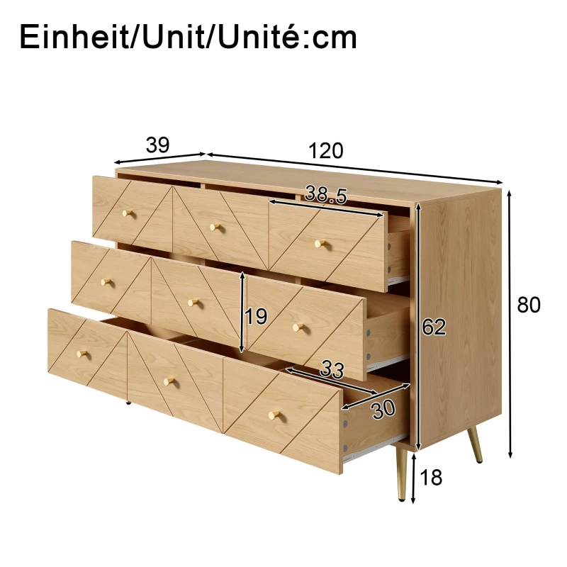 Comodă cu 9 sertare, cu mult spațiu de depozitare, modele geometrice, 120x39x80 cm, Culoare naturală