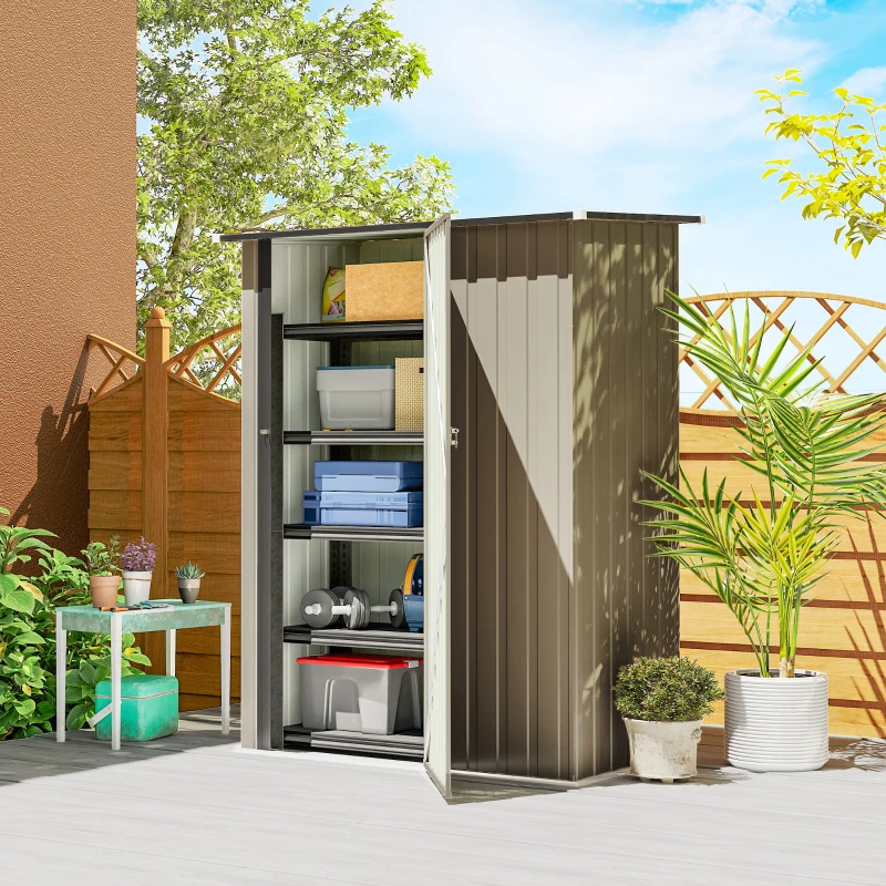 Outsunny Capanno Porta Attrezzi in Metallo con Tetto Inclinato e Porta Bloccabile, 142x86x189 cm, Marrone