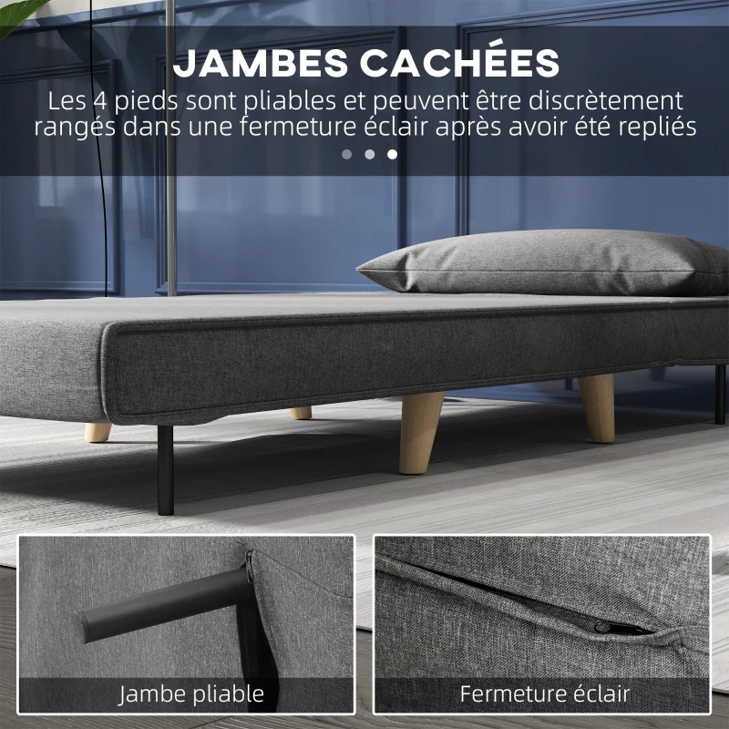 HOMCOM Fauteuil convertible 1 place, fauteuil-lit chauffeuse 3 en 1, dossier réglable, oreiller, tissu en lin, 94x78x80cm, gris