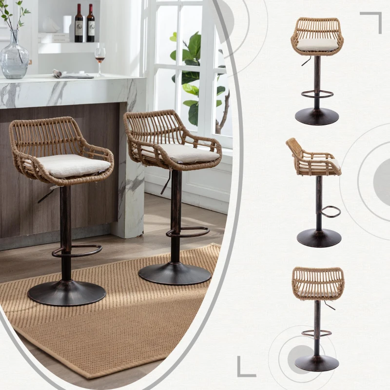 Set of 2 Modern Swivel Bar Stools with Wicker Rattan Weave and Padded Linen Seat, Counter Stools for Living Room, 48L x 49W x 89H cm, Beige
