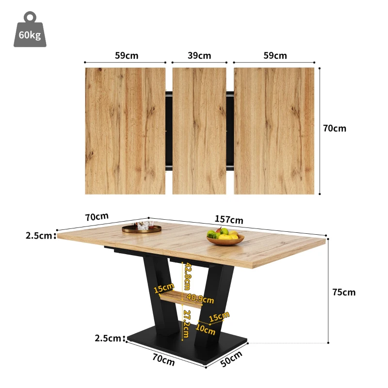 Extendable Dining Table with Marbled MDF Top and V-Shaped Metal Legs, Space-Saving Desk for Seats 6–8, 118L x 70W x 75H cm, Black+Natural