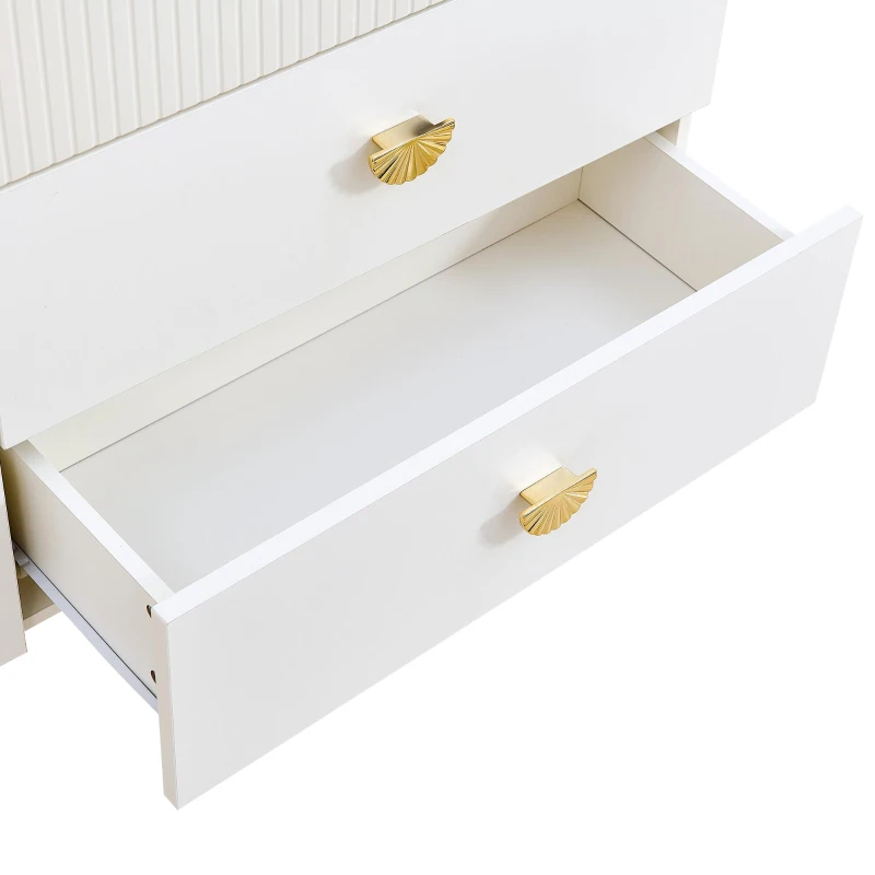 Madia moderna a 6 cassetti con maniglie a ventaglio e gambe in acciaio, 120x40x75 cm, Bianco