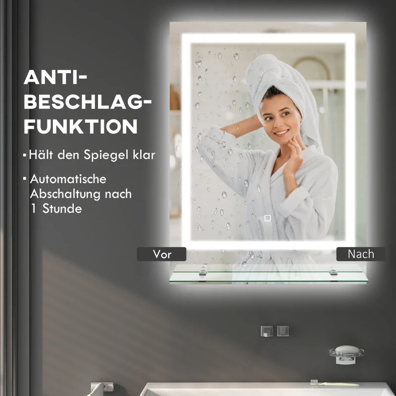 kleankin Badezimmerspiegel mit LED-Beleuchtung, 3 Lichtfarben, Antibeschlag-Funktion, verkabelt, 70 x 50 cm