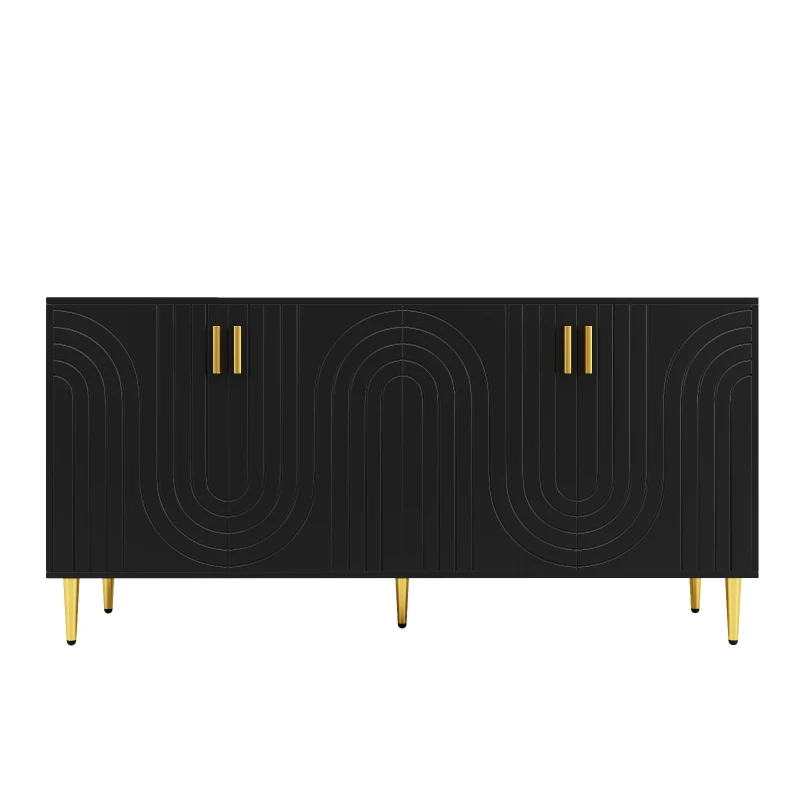 Modern Sideboard with 4 Doors, 2 Drawers and Wave-front Design, MDF Storage Unit with Metallic Handles and Feet, 152L x 40W x 75H cm, Black