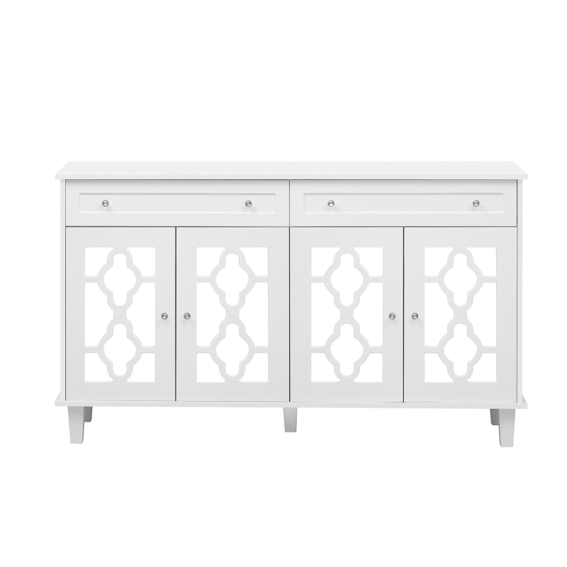 Credenza buffeti con 4 ante a specchio e maniglie in cristallo, 140x40x83 cm, Bianco
