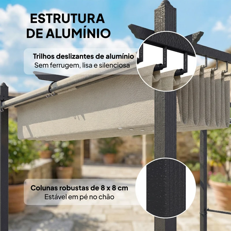 Outsunny Pérgola de Jardim 4x3 m com Cortinas Automáticas e Telhado Retrátil Proteção UPF50+ Creme