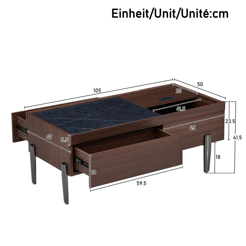 Tavolino da salotto moderno portaoggetti con cassetti e anta scorrevole, 105x50x41,5 cm, Marrone