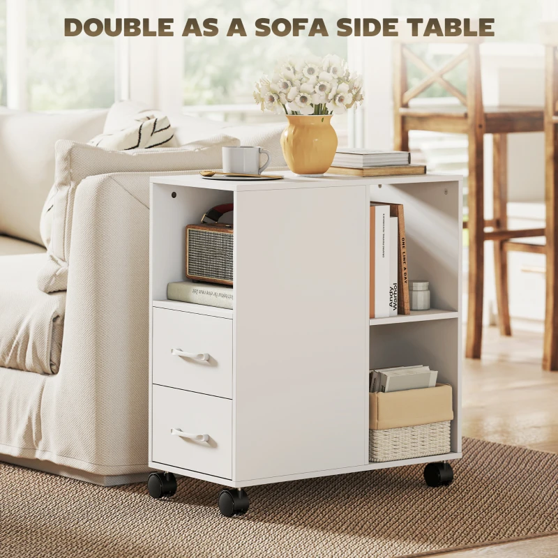 HOMCOM Tavolino con Ruote Minimal con 2 Cassetti, Vano Aperto e Ripiano Regolabile, in Legno, 60x30x65 cm, Bianco