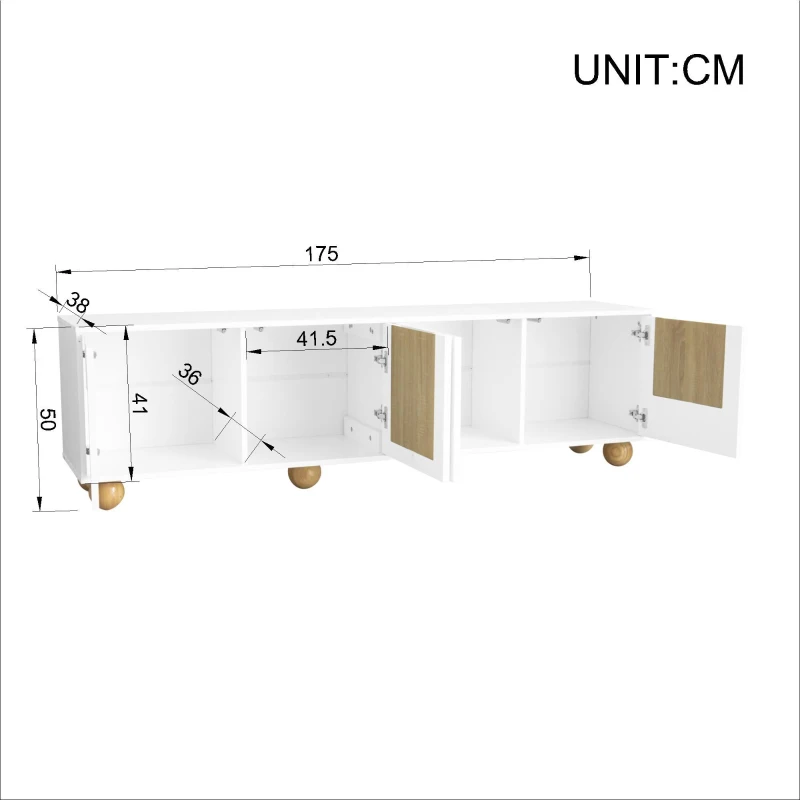 TV-Schrank mit 4 Türen, minimalistisches Design mit Holzmaserung und weißem Finish, 175x38x50 cm, Naturfarbe+Weiß