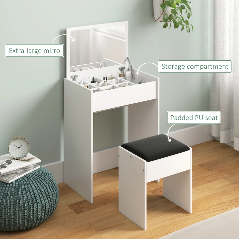 HOMCOM Dressing Table with Mirror and Stool, Vanity Makeup Table with Flip Up Mirror, Vanity Desk with Storage Unit and Padded Seat, White