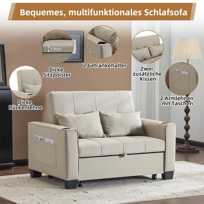 3-In-1 Convertible Pull-Out Sleeper with 3-Position Adjustable Backrest, 2 Seater Sofa Bed for Compact Room, 140L x 96W x 97H cm, Beige