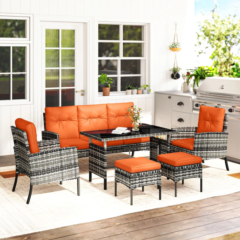 Outsunny 6 Pieces Rattan Garden Furniture Set with Dining Table and Cushions, Orange