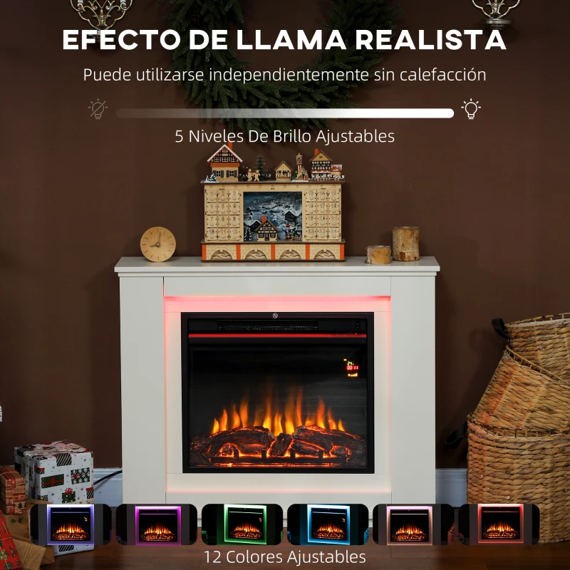 HOMCOM Chimenea Eléctrica 1000/2000W con Efecto de Llama de 5 Niveles de Brillo y 12 Colores para 30 ㎡ Blanco