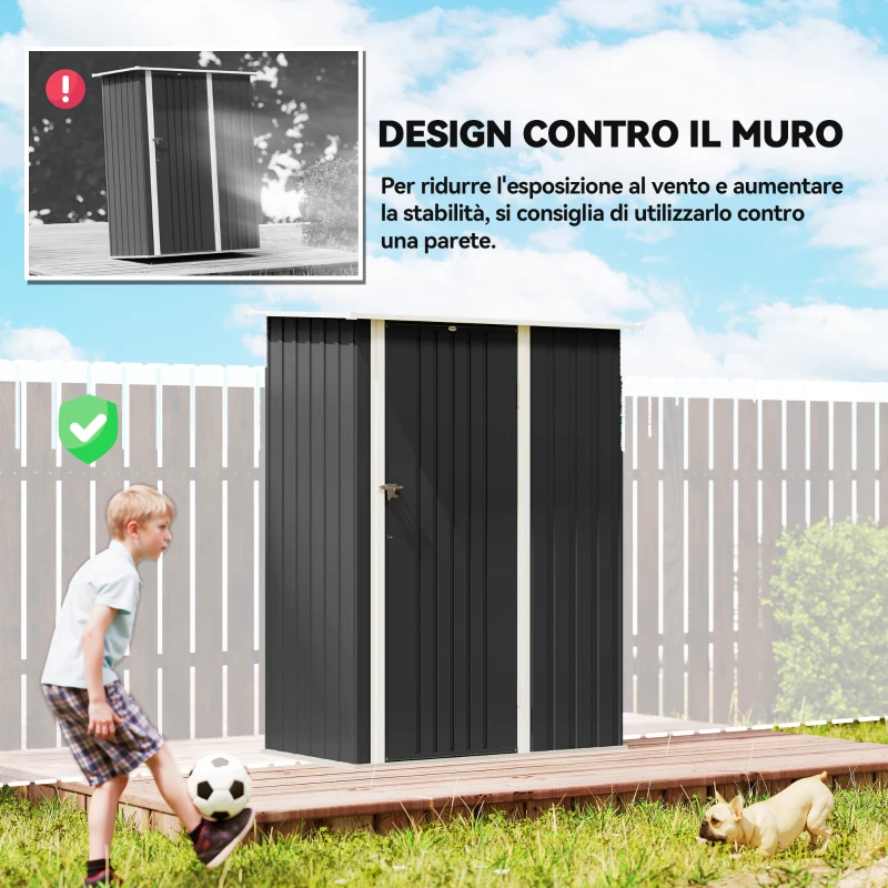 Outsunny Capanno Porta Attrezzi in Metallo con Tetto Inclinato e Porta Bloccabile, 142x86x189 cm, Grigio Scuro