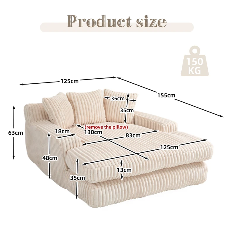 Oversized Chaise Longue Sofa with 3 Throw Cushions and Wide Armrests, Chair with Shredded Memory Foam Seat, 155L x 125W x 63H cm, Beige