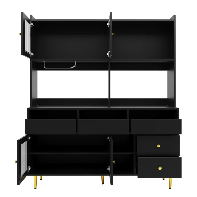 Multi-Purpose Sideboard with Changhong Glass Door and Built-In Wine Rack, Storage Cabinet for Living Room, 145L x 39W x 171H cm, Black