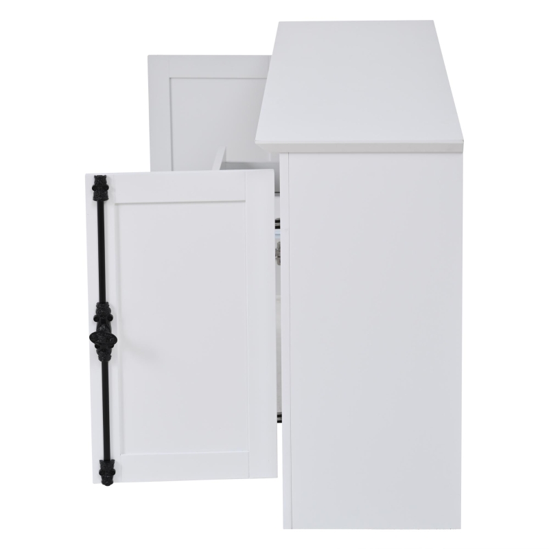 Credenza moderna con 2 ante, cassetto, ripiano a vista e 3 portabottiglie, 130x35x70 cm, Bianco