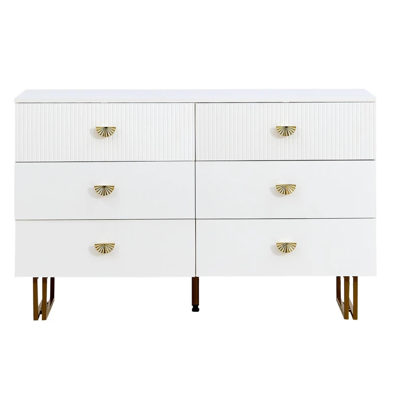 Madia moderna a 6 cassetti con maniglie a ventaglio e gambe in acciaio, 120x40x75 cm, Bianco
